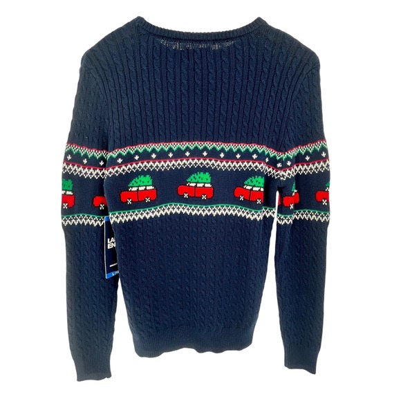 NWT Lands End Kids Boys Sweater Large 10-12 Navy Christmas Tree Truck Holiday - Picture 4 of 12